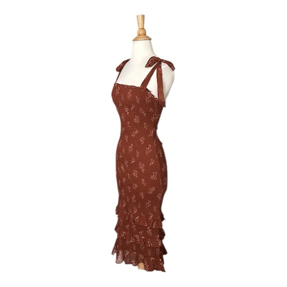 ABERCROMBIE & FITCH Smocked Tiered Ruffle MIDI Dress Brown Floral Y2K, Small - Picture 6 of 14